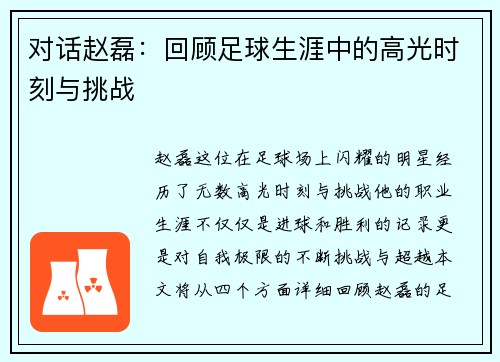 对话赵磊：回顾足球生涯中的高光时刻与挑战