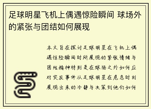 足球明星飞机上偶遇惊险瞬间 球场外的紧张与团结如何展现